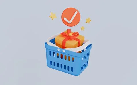 Grocery basket with a gift box 3d illustration イラスト素材