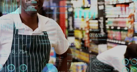 Grocery clerk stepping forward and making OK gesture while coworker restocking Video stock 328245747
