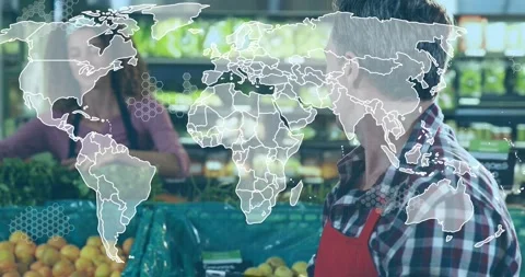 Grocery clerk tapping tablet checking stock causing map hex data over oranges Stock Footage 333900257