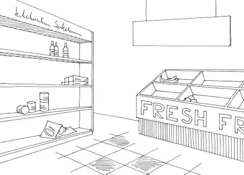 Grocery empty shelf interior store shop black white graphic sketch illustration  Stock Illustration