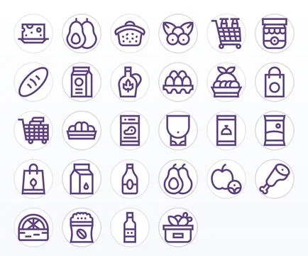 Grocery Scalable Vector Set featuring 28 Grid Fitted Bold Line High Resolut.. Stock Illustration
