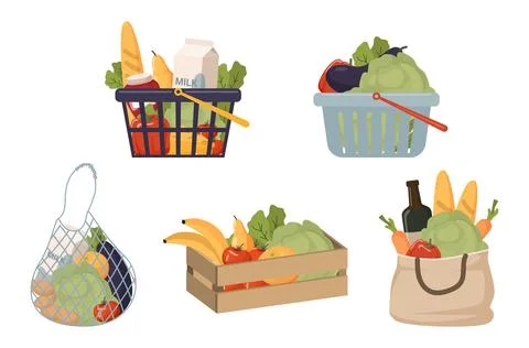 Grocery set in baskets, string bag, box and bag Stock Illustration