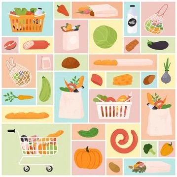 Grocery set, fruit and vegetables, bags, basket and supermarket trolley full of Stock Illustration