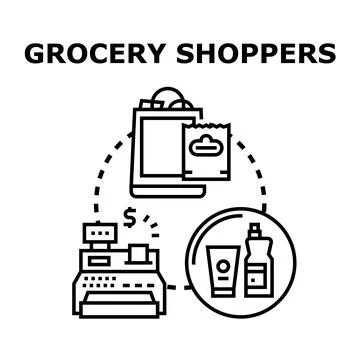 Grocery shoppers process transactions and purchasing products Stock Illustration