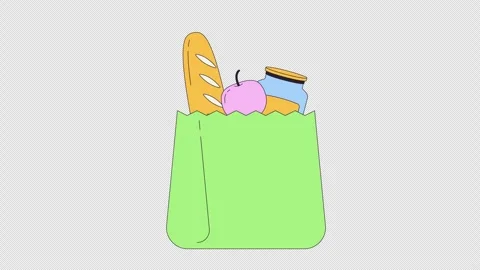 Grocery shopping bag full with bread, fruit and jar products 2D object animation Stock Footage 337408016
