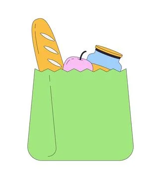 Grocery shopping bag full with bread, fruit and jar products 2D cartoon objec Stock Illustration