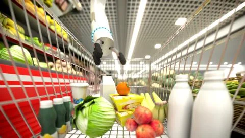 Grocery store. Automatic hand buys groceries. Shopping basket. Illustrazione stock