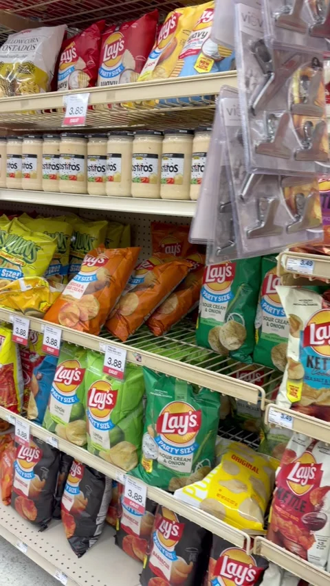 Grocery Store branded chips and salsas and dips Stock-Footage 332578179
