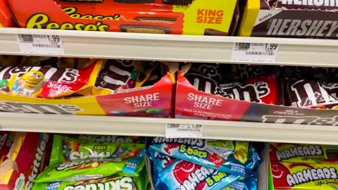 Grocery store check stand candy rack clo... | Stock Video | Pond5