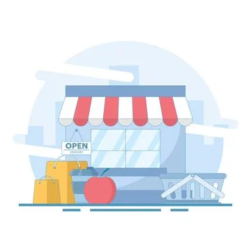 Grocery store concept, apple fruit food packaging, drinks, store display. 스톡 일러스트