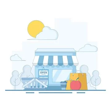 Grocery store concept, apple fruit food packaging, drinks, store display. Stock Illustration