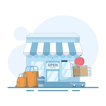 Grocery store concept, apple fruit food packaging, drinks, store display. Illustrazione stock
