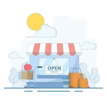 Grocery store concept, apple fruit food packaging, drinks, store display. Stock Illustration
