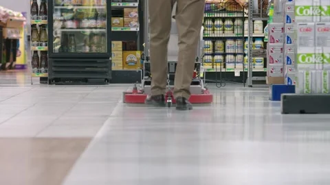 Grocery Store Essential Worker Use Sanitation Machine To Clean Supermarket Floor Stock Footage 130470265