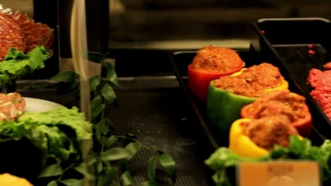 Grocery store fresh vegetable and organic fruit foods make healthy diet meals 스톡 동영상 334644197