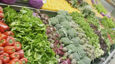 Grocery store fresh vegetable and organic fruit foods make healthy diet meals 스톡 동영상 334644227