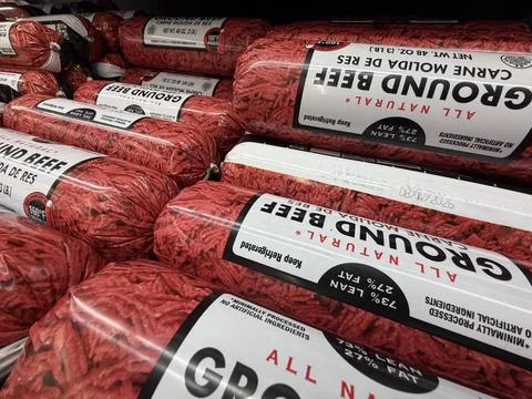 Grocery Store Ground Beef Display With Packaged Fresh Meat tube beef Stock Photos