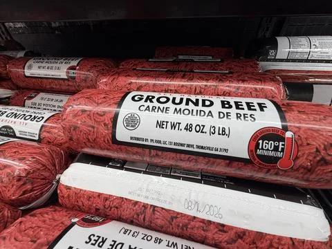 Grocery Store Ground Beef Display With Packaged Fresh Meat tube Stock Photos