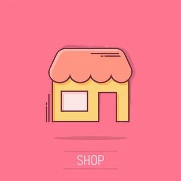 Grocery store icon in comic style. Shop building vector cartoon illustratio.. Ilustración de archivo