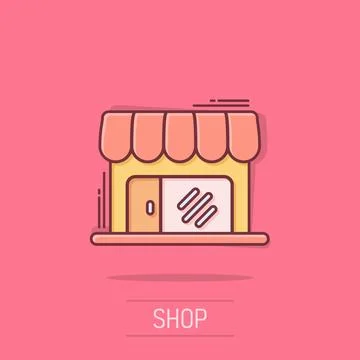 Grocery store icon in comic style. Shop building vector cartoon illustratio.. Ilustración de archivo