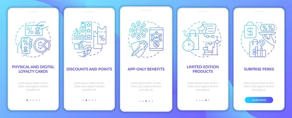Grocery store loyalty program blue gradient onboarding mobile app page screen Stock Illustration