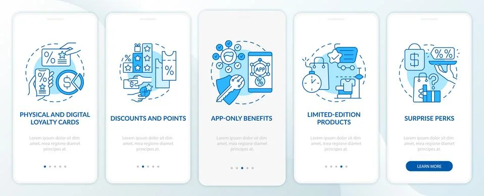 Grocery store loyalty program ideas blue onboarding mobile app page screen Stock Illustration