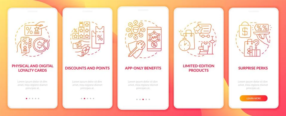 Grocery store loyalty program red gradient onboarding app page screen Stock Illustration