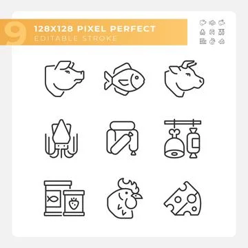 Grocery store pixel perfect linear icons set Stock Illustration
