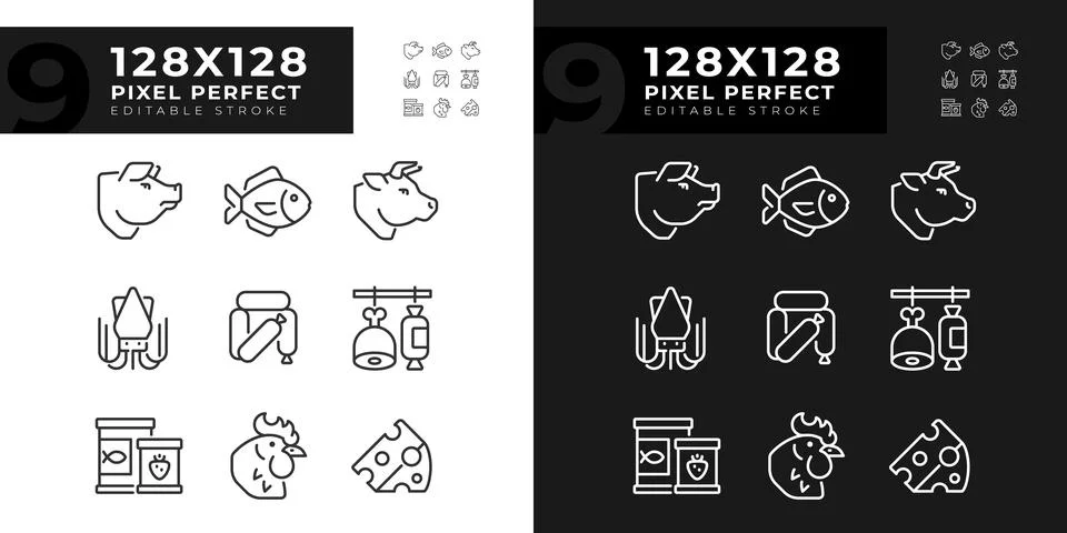 Grocery store pixel perfect linear icons set for dark, light mode Stock Illustration
