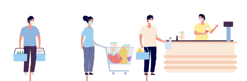 Grocery store queue. Global coronavirus COVID 19 pandemic or epidemic. Isolation イラスト素材