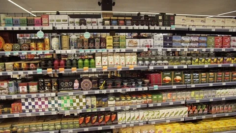Grocery store, various producers of black and green tea Stock Footage 75475751