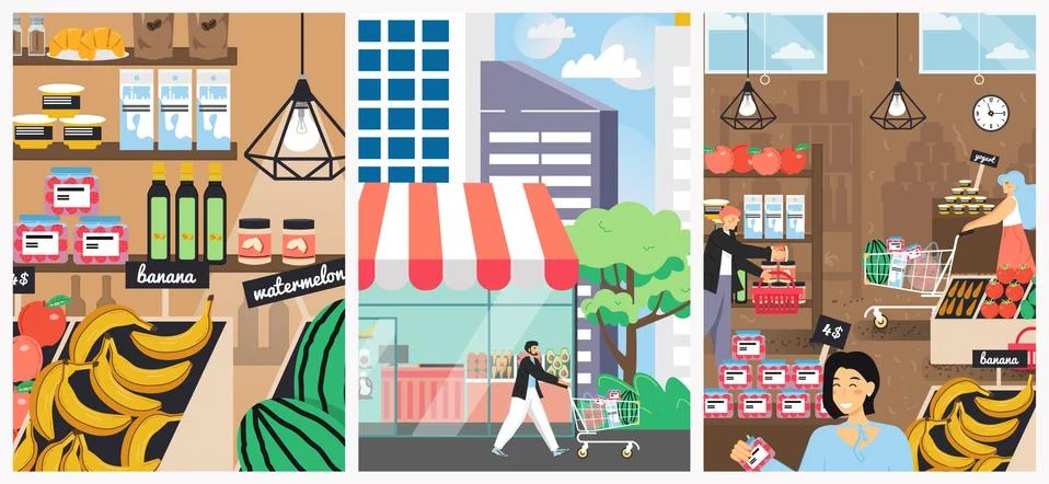 Grocery store vector poster design template set Stock Illustration