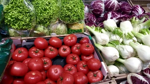 Grocery store video with different kind of vegetables on display Stock Footage 134332889