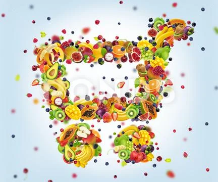Grocery trolley made of fresh falling fruits isolated on white background Stock Photos