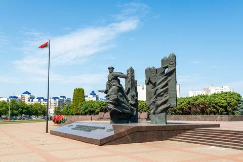Grodno, Belarus. Monument to Soviet Border Guards, a bronze soldier figure .. Stock Photos