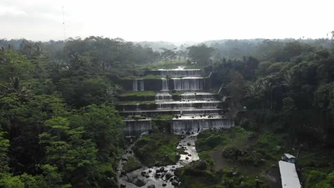 Grojogan watu purbo 6 stack waterfall aerial drone shot, bangunrejo, tempel yogy Stock Footage 134750704