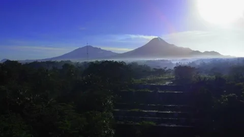 Grojogan watu purbo 6 stack waterfall aerial drone shot tempel yogyakarta Stock-Footage 140700094