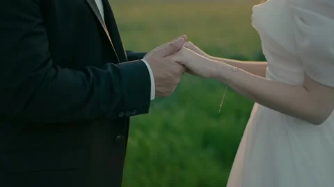 Groom and bride stand facing each other in the green field and hold hands. Stock-Footage 234695755