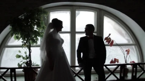 The groom and the bride stand at the window. Silhouettes of people. Black and wh Vidéo 73635736