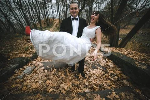 Groom holds bride in his arms Stock Photos