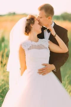 The groom is hugging back the bride while kissing on the forehead in the field. Stock Photos