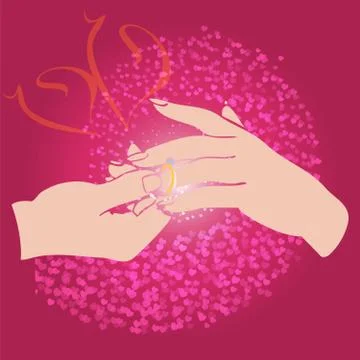 Groom puts the ring on the bride hand. Stock Illustration