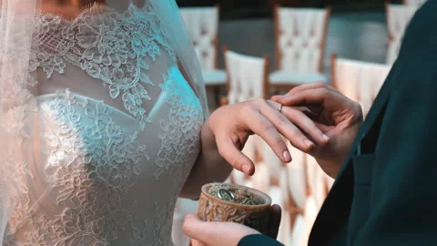 The Groom Puts The Wedding Ring On The Bride's Finger At The Wedding. Stock Footage 198349958