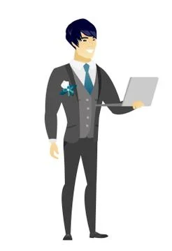 Groom using laptop vector illustration. Stock Illustration
