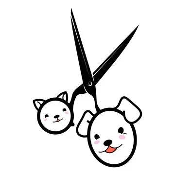 Groomer scissors and cute faces of cat and dog Stock Illustration