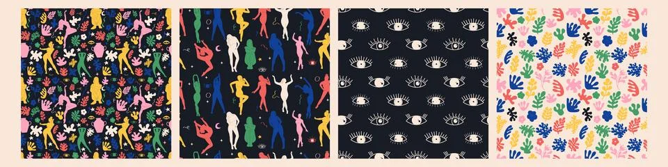 Groovy abstract art seamless pattern. Matisse random organic shapes and fem.. Illustrazione stock