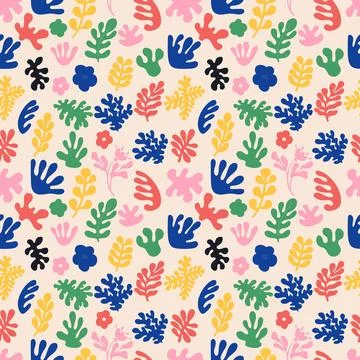 Groovy abstract art seamless pattern. Matisse random organic shapes silhoue.. Illustrazione stock