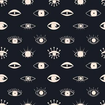 Groovy abstract eyes seamless pattern. Magic elements in trendy retro 60s 7.. Illustrazione stock