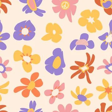 Groovy aesthetic floers seamless pattern. Spring or summer mood backround. Cute Stock Illustration