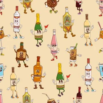 Groovy alcohol drink vector seamless pattern Illustrazione stock